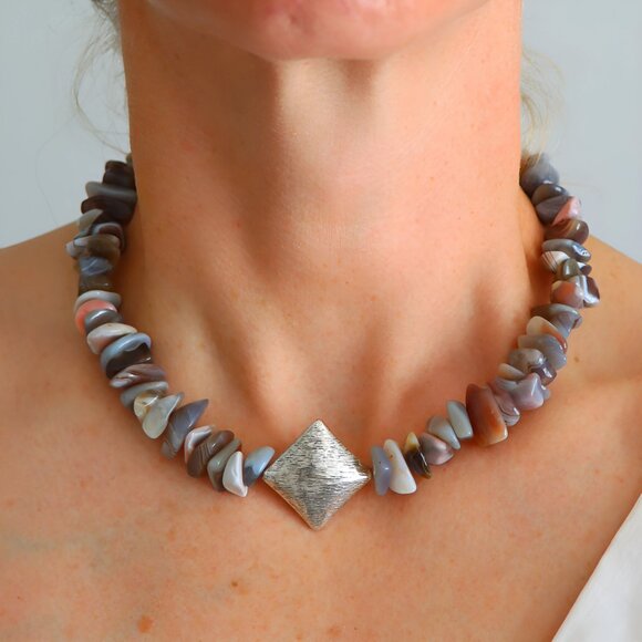Botswana Agate Choker Necklace 17” Handmade - Picture 1 of 9